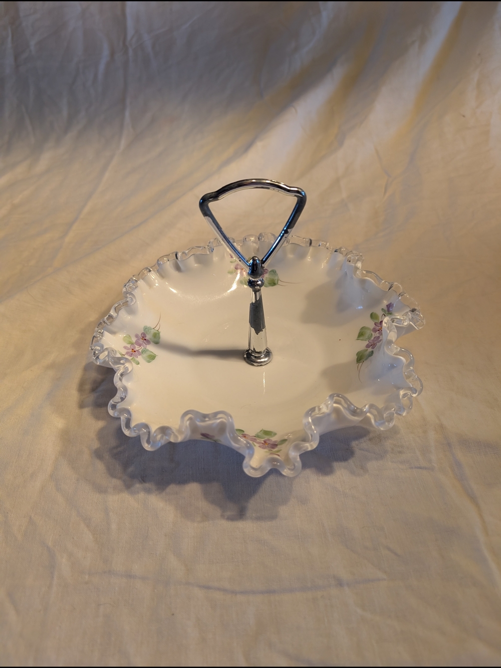 2/80$ Fenton White Milk Glass Ruffled Tidbit Dish with Floral Accents